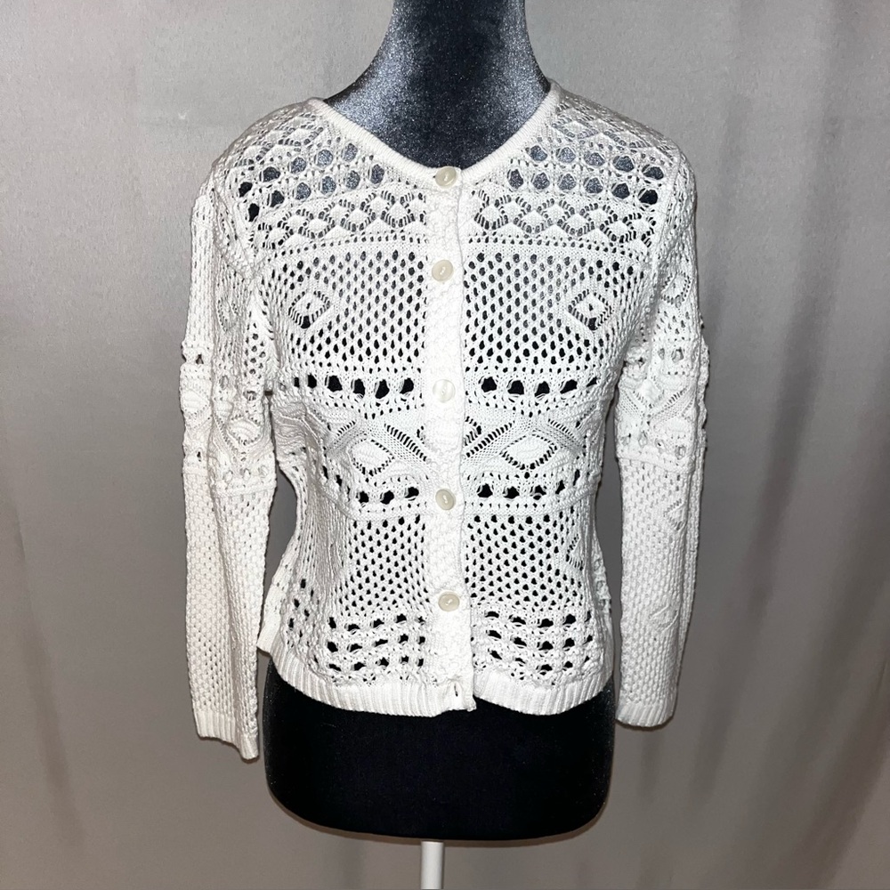 Jeanne Pierre White Crochet Cardigan Sweater